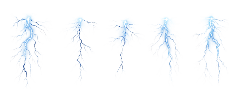 Pack of Lighting Bolt set of Five Different Poses set Against Transparent Background for Weather, Nature, or Stormy Environment Promotion Projects