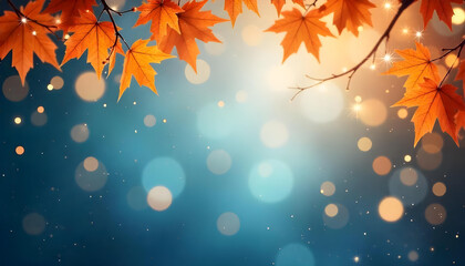 Fototapeta premium Autumn leaves cascade across a teal background, creating a warm, inviting scene.