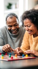 Fototapeta premium Seniors enjoying a board game together in a cozy living room during afternoon. Generative AI