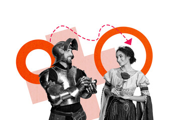 Template collage 3D sketch of knight hero vintage ancient clothing young man proposal marriage young lady hold rose smile opulence style