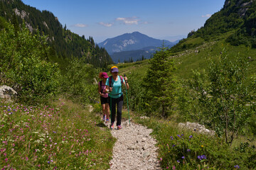 Women hiking toward forested mountain........4o..