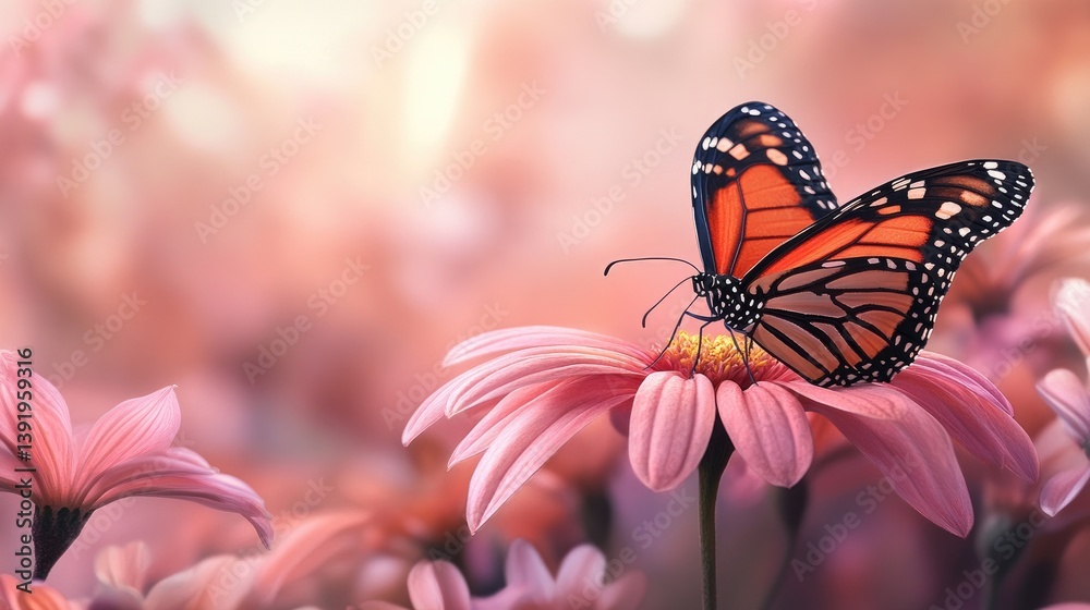 Poster a butterfly gently rests on a fresh spring flower, captured in a dreamy, soft-focus background, crea