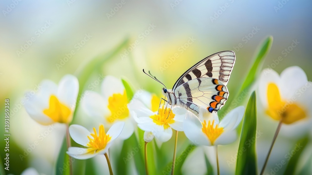 Poster a butterfly gently rests on a fresh spring flower, captured in a dreamy, soft-focus background, crea
