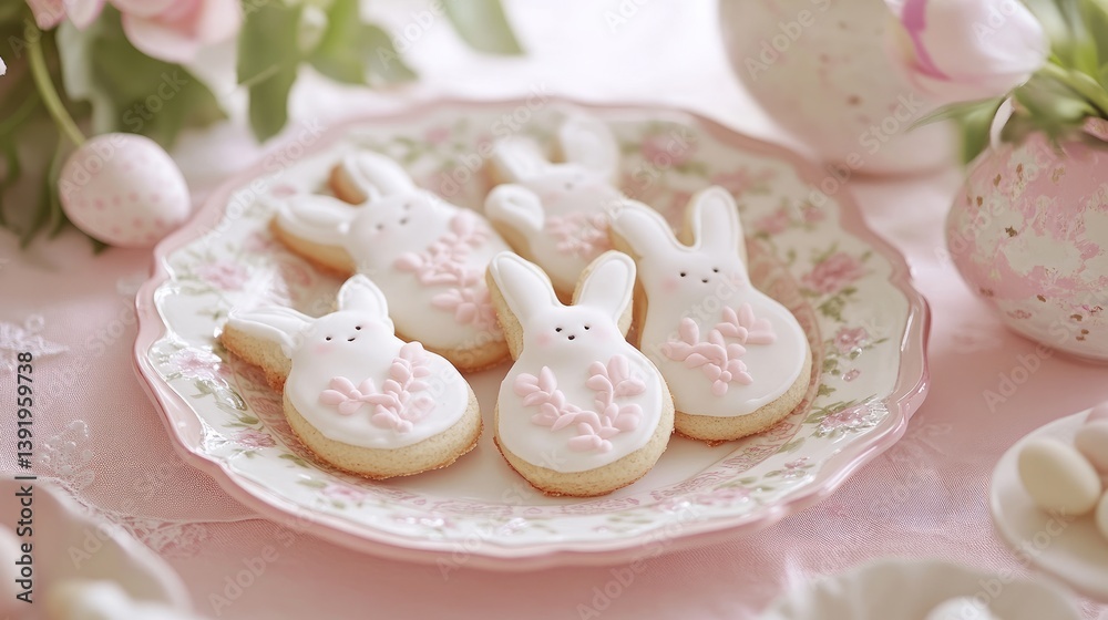 Poster a charming display of bunny-shaped sugar cookies with white icing and pink accents, placed on a soft
