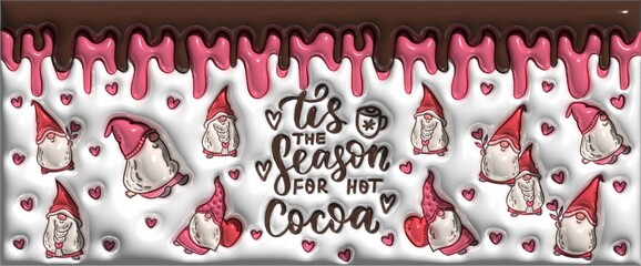 Festive Illustration of Hot Cocoa with Gnomes and Hearts Theme