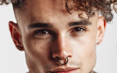 Obraz premium A close-up portrait of a lively young man with nose ring and styled hair, pure white background