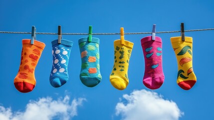 A cheerful arrangement of colorful socks with quirky patterns hanging on a clothesline against a vivid blue sky, evoking a sense of whimsy.