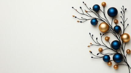 Fototapeta premium Elegant Blue and Gold Christmas Ornament Arrangement on Neutral Background for Holiday Decor Inspiration