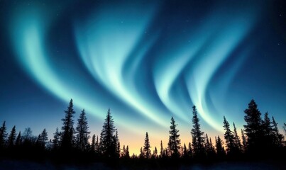 Vibrant aurora borealis dances across the night sky above a dark silhouette of pine trees.