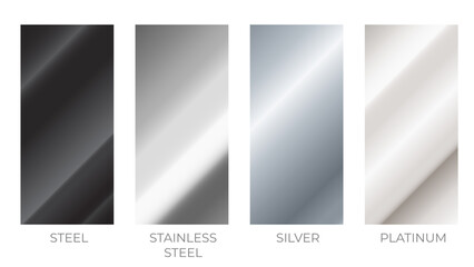 Obraz premium Stainless steel, silver and platinum texture gradation swatch set. Vector aluminum elegant, shiny and metalic gradient template for border design, frame, ribbon, label. Titanium, iron metal background