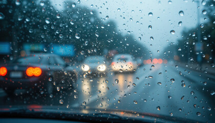 Fototapeta premium Rain Drops on Car Windshield with Blurred Traffic Scene