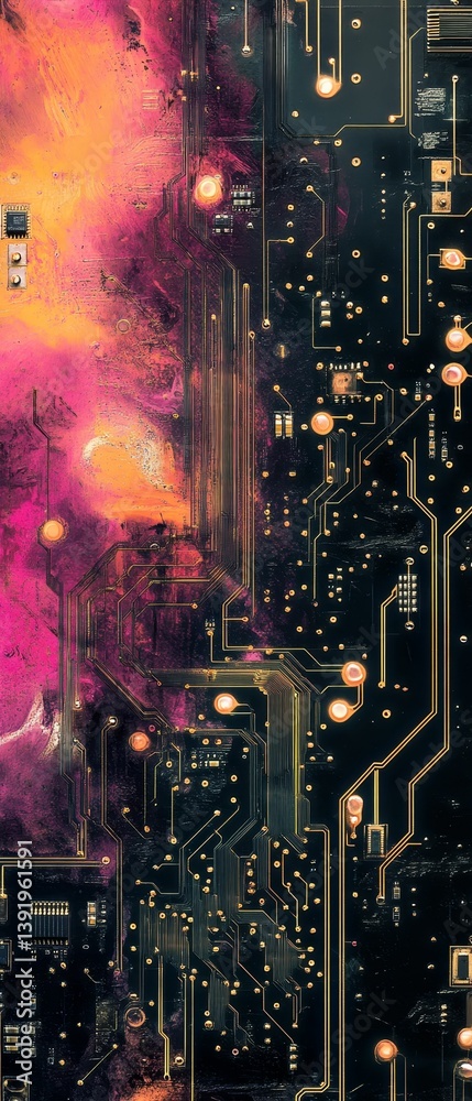 Wall mural abstract image shows a colorful nebula with stars in a dark space.