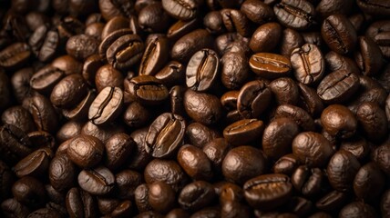 Fototapeta premium Photo of Big pile of fresh roasted coffee beans close up. Food photo for backdrops or recipes