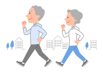 体力作りのためにウォーキングをするシニア男女