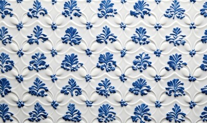 Detailed blue floral embossed pattern on white, creating an elegant and sophisticated visual texture.