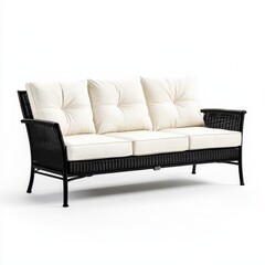 Fototapeta premium A luxurious four-seater outdoor wicker sofa with off-white cushions offers comfortable relaxation and stylish design for modern patio spaces perfect for entertaining guests or