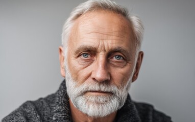 A serious older man with calm thoughtful eyes, pastel gray background