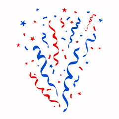 4th of July Happy Independence day confetti, stars and ribbons shoot out on white background. Vector illustration