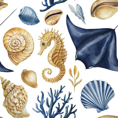 watercolor seamless pattern seahorse stingray seashells coral, underwater ocean creatures hand painted marine style