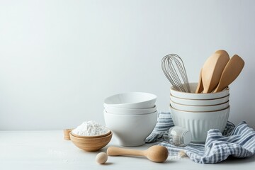 Rustic kitchen scene with cooking utensils, bowls, and ingredients arranged on a wooden counter.