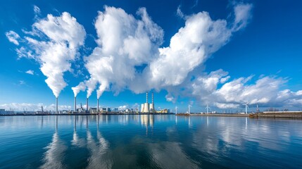 Industrial Power Plant with Smokestacks Under Blue Sky and Clouds