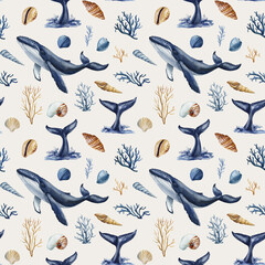 watercolor seamless pattern with whales tails seashells, coral underwater ocean marine animals illustration sea design