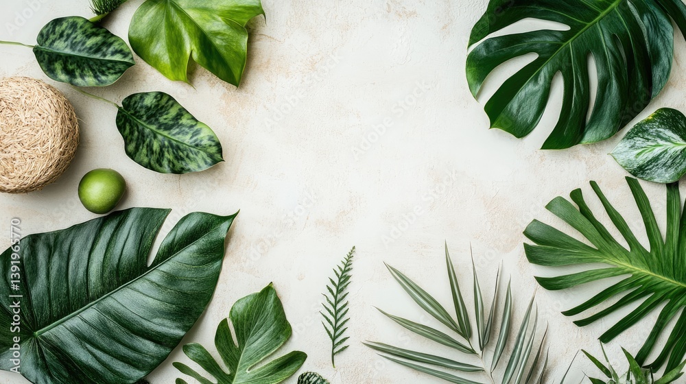 Poster a minimalist botanical flatlay featuring various green elements like leaves and stems, arranged orga