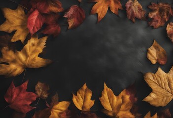 colorful isolated background black autumn frame concrete leaves texture n anthracite orange holiday seasonal october top wall colours dark rectangle banner yellow leaf space colourful table copy