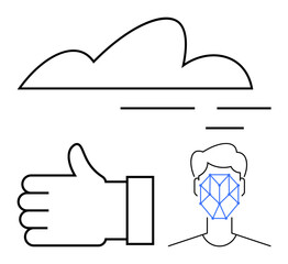 Geometric face scan linked to a cloud element and a thumbs-up symbolizing AI, data security, and approval. Ideal for technology, biometrics, machine learning, privacy, cloud computing, innovation