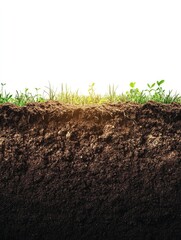 Close-up view of fertile soil with emerging plants. Sunlight filtering through the layers