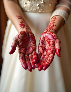 Beautiful Young Indian Woman Smiling and Showing Intricate Henna Mehendi Designs on Her Hands for Traditional Wedding and Festive Celebration Concept