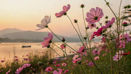 Delicate Cosmos Blossoms at Sunset Over a River