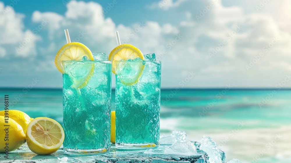 Aufkleber a set of vibrant turquoise cocktails with lemon slices on a textured table, overlooking the seaside 
