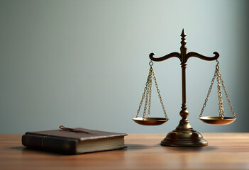 Vintage Golden Brass Balance with Symmetrical Pans and Elaborate Detailing Captured on a Neutral Light Brown Surface Representing Fairness, Generative AI