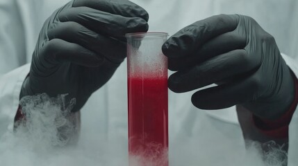 A scientist in gloves mixing a red solution in a test tube, surrounded by smoke, illustrating laboratory research.