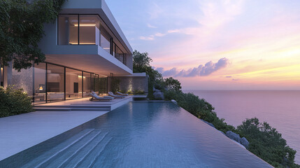 Modern villa with infinity pool overlooking ocean at sunset