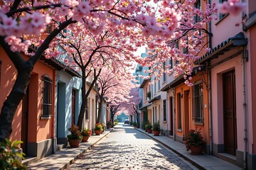 Obraz premium A narrow cobblestones street along through colored buildings with canopy of blooming pink cherry blossom against sunlight sky 