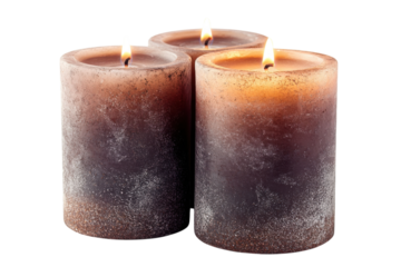Three rustic brown candles burning brightly creating a warm and inviting ambiance Soft light white isolated on transparent background
