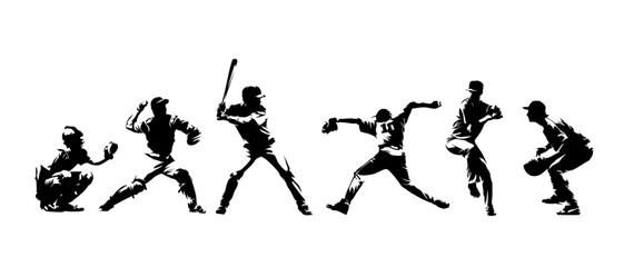 Baseball players at different positions, group of baseball players, isolated vector silhouettes, team sports high contrast illustrations