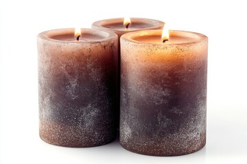 Three rustic brown candles burning brightly creating a warm and inviting ambiance Soft light white isolated on transparent background