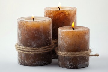 Three rustic brown candles with twine softly lit creating a calm ambiance and peaceful mood on a isolated on transparent background