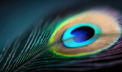 Obraz premium A vibrant macro shot reveals the dazzling iridescence and intricate details of a peacock feather.