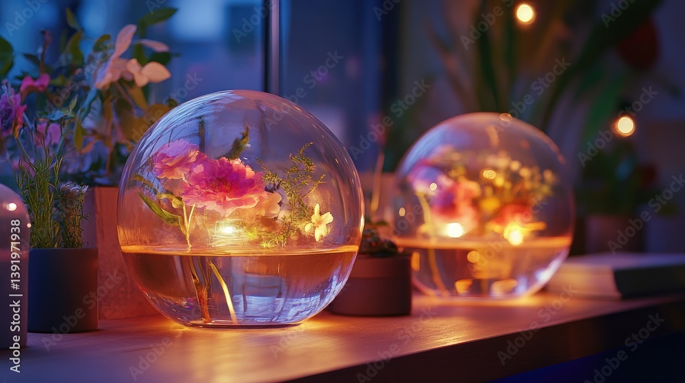 Poster An innovative scent distillation setup featuring glowing orbs filled with floral infusions and advanced botanical technology, creating a modern, aromatic experience.