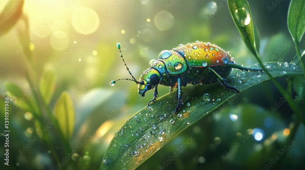 Poster an iridescent beetle perched on a leaf, with delicate dew drops sparkling around it, highlighting th