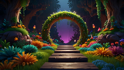Obraz premium Magical Forest Path Leads To Mystical Green Archway Vivid Flowers Night Background