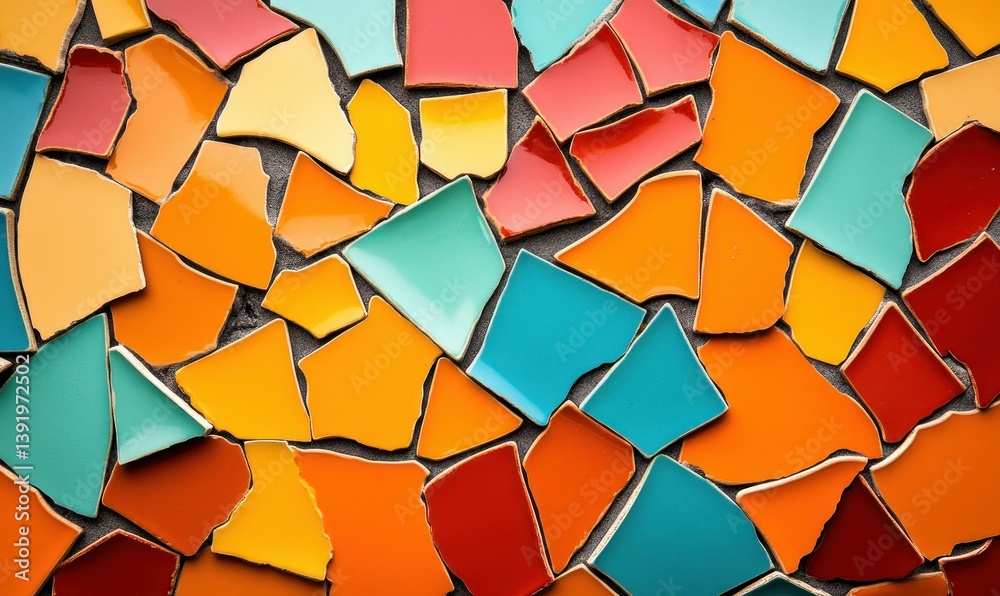 Poster an array of colorful broken tiles form an abstract mosaic pattern, bringing vibrant texture and desi