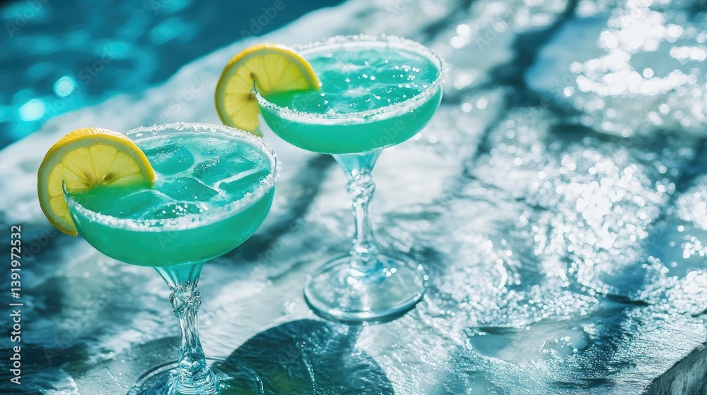 Poster bright turquoise cocktails with lemon slices set on a textured table by the seaside, evoking a cool 