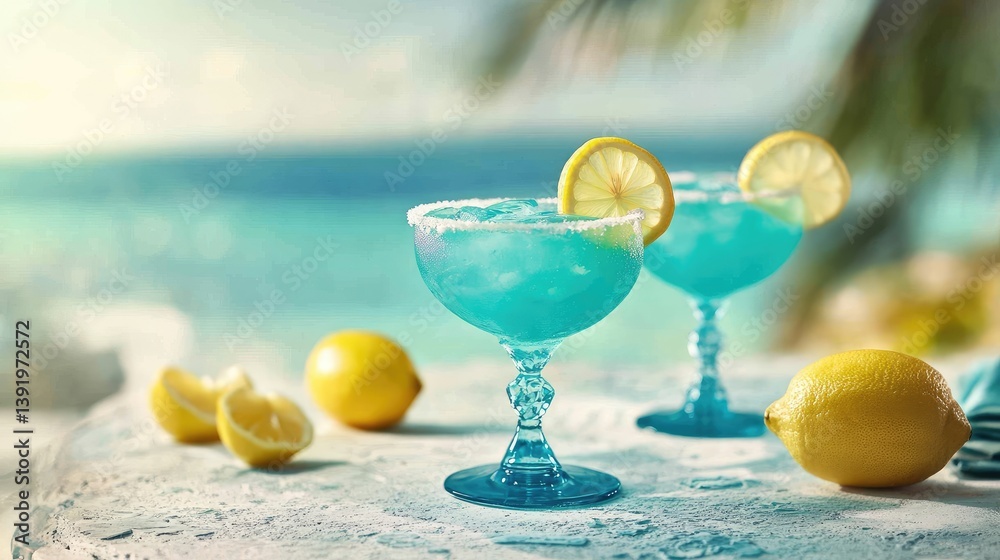 Poster bright turquoise cocktails with lemon slices set on a textured table by the seaside, evoking a cool 