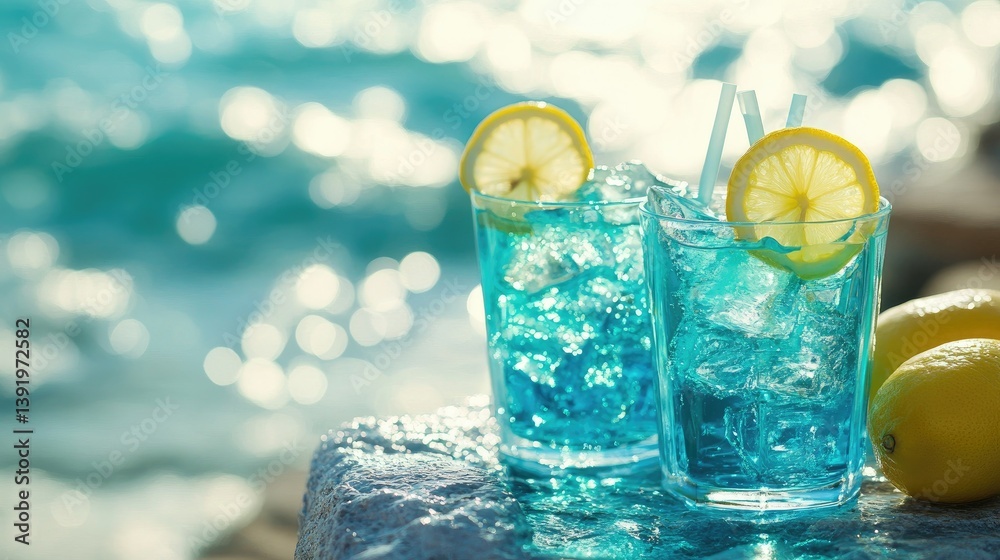 Poster bright turquoise cocktails with lemon slices set on a textured table by the seaside, evoking a cool 