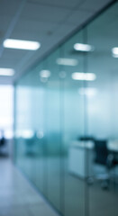 Modern Office Interior: Blurred Glass Walls, Workspace, and Corporate Design Aesthetic